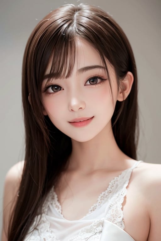 (Very beautiful loli young girl:1.2),(large eyes:1.2), (clear-eyed), small straight nose, small mouth, (v-line jaw:1.1), Beautiful detailed eyes, Detailed double eyelids, Long straight brown hair, see-through bangs, beautiful detailed face, drooping eyes, (Fair skin: 1.3),(5 yo:1.2),(smiling)