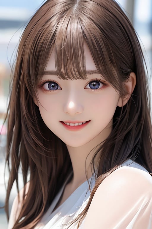 sparkling clear attractive large eyes, 
cheerful smile,
super cute loli face,  
very beautiful cute girl ,  

detailed beautiful eyes,
 light brown hair,
super smooth  and very silky hair, 
beautiful clear double eyelids,
long see-through bangs,
(realistic photograph)