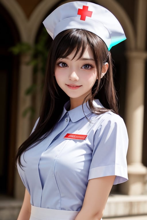 pure white nurse uniform, 
super loli face, 
very beautiful loli girl,
(glowing clear attractive large eyes:1.1), 
cheerful smile,
6 yo, 
long straight hair, 
super smooth and very silky hair,
beautiful long see-through bangs,
detailed beautiful eyes,
realistic photgraph,
beautiful nurse costume ,nurse cap