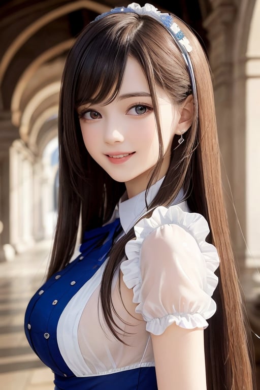 sparkling clear attractive eyes,
very cute face,  
very beautiful loli girl, 
cheerful smile, 
blue and white maid costume,
18 yo,
 long straight light brown hair,
super smooth and very silky hair, 
super white fair skin,
long see-through bangs,
professional portrait,
(realistic photograph:1.1)
