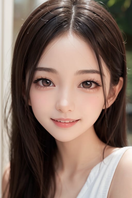 (Very beautiful loli young girl:1.2),(large eyes:1.2), (clear-eyed), small straight nose, small mouth, (v-line jaw:1.1), Beautiful detailed eyes, Detailed double eyelids, Long straight brown hair, see-through bangs, beautiful detailed face, drooping eyes, (Fair skin: 1.3),(5 yo:1.2),(smiling)