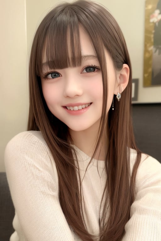 sparkling clear attractive large eyes, 
cheerful smile,
super cute loli face,  
very beautiful cute girl ,  
14 yo,
detailed beautiful eyes,
 light brown hair,
super smooth  and very silky hair, 
white fair skin,
long see-through bangs,
(realistic photograph)