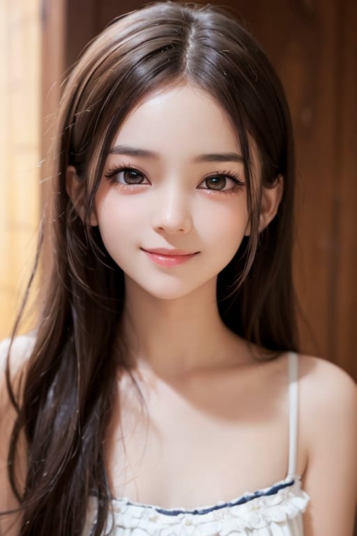 (Very beautiful loli young girl:1.2),
(loli face:1.2),
(large eyes:1.2), (clear-eyed), small straight nose, small mouth, (v-line jaw:1.1), Beautiful detailed eyes, Detailed double eyelids, Long straight brown hair, see-through bangs, beautiful detailed face, drooping eyes, (Fair skin: 1.3),(10 yo:1.2),(smiling)