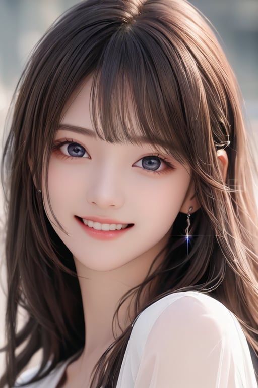 sparkling clear attractive large eyes, 
cheerful smile,
super cute face,  
very beautifu cute girl ,  
detailed beautiful eyes,
long  light brown hair,
super smooth  and very silky hair, 
beautiful clear double eyelids,
long see-through bangs,
(realistic photograph)