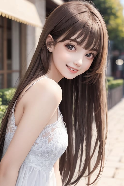 
sparkling clear attractive eyes, 
cheerful smile,
super cute face,  
very beautiful loli girl,  
18 yo,
very long straight light brown hair,
super smooth  and very silky hair, 
white fair skin,
long see-through bangs,
realistic photograph 