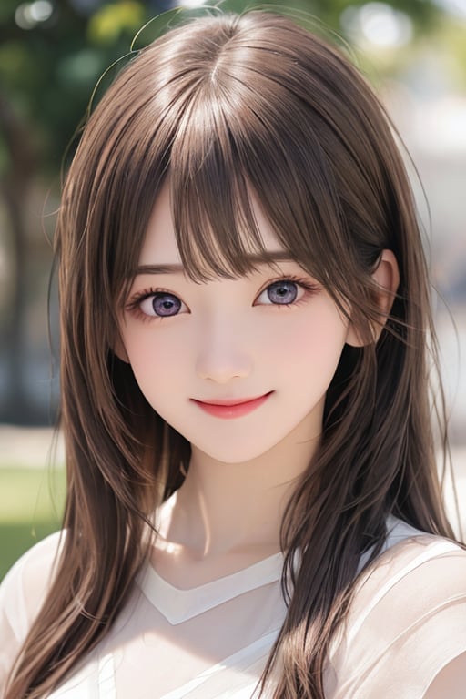 sparkling clear attractive large eyes, 
cheerful smile,
super loli face,  
very beautiful loli girl ,  
detailed beautiful eyes,
long  light brown hair,
super smooth  and very silky hair, 
beautiful clear double eyelids,
long see-through bangs,
(realistic photograph)