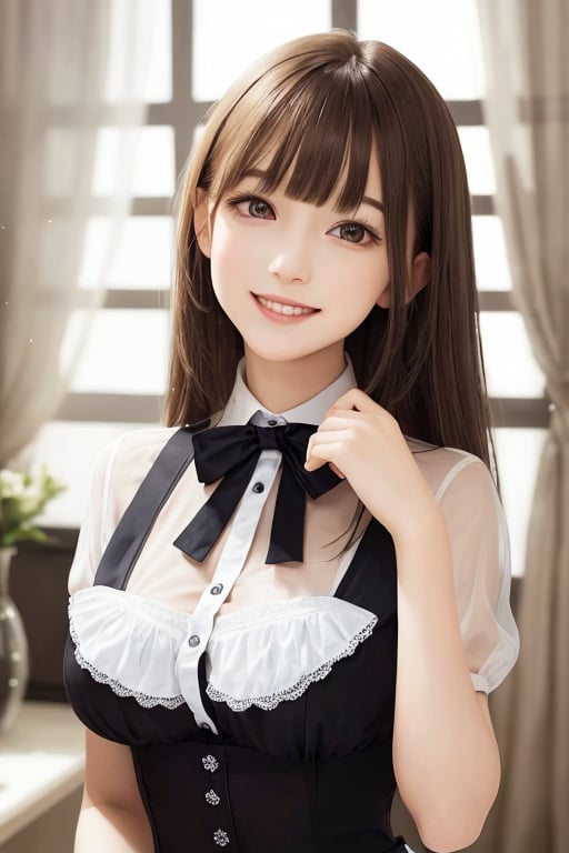 sparkling clear attractive eyes,
very cute face,  
very beautiful loli girl, 
cheerful smile, 
maid costume,
18 yo,
 long straight light brown hair,
super smooth and very silky hair, 
super white fair skin,
long see-through bangs,
professional portrait,
(realistic photograph)
