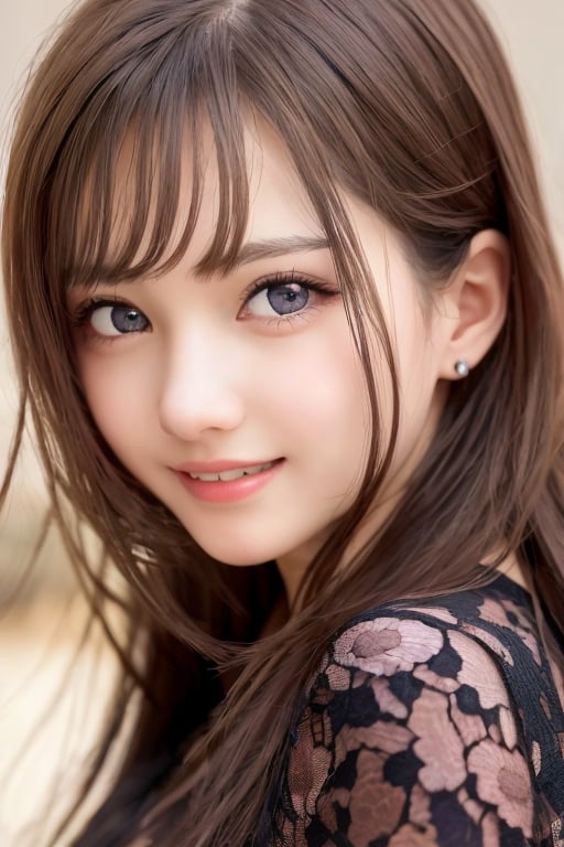 sparkling clear attractive large eyes, 
cheerful smile,
super cute loli face,  
very beautiful cute girl ,  
15 yo,
detailed beautiful eyes,
 light brown hair,
super smooth  and very silky hair, 
beautiful clear double eyelids,
long see-through bangs,
(realistic photograph)