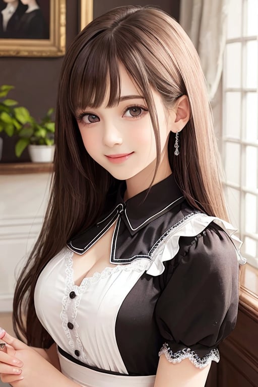 sparkling clear attractive eyes,
very cute face,  
very beautiful loli girl, 
cheerful smile, 
pink maid costume,
13 yo,
 long straight light brown hair,
super smooth and very silky hair, 
super white fair skin,
long see-through bangs,
professional portrait,
(realistic photograph:1.1)
