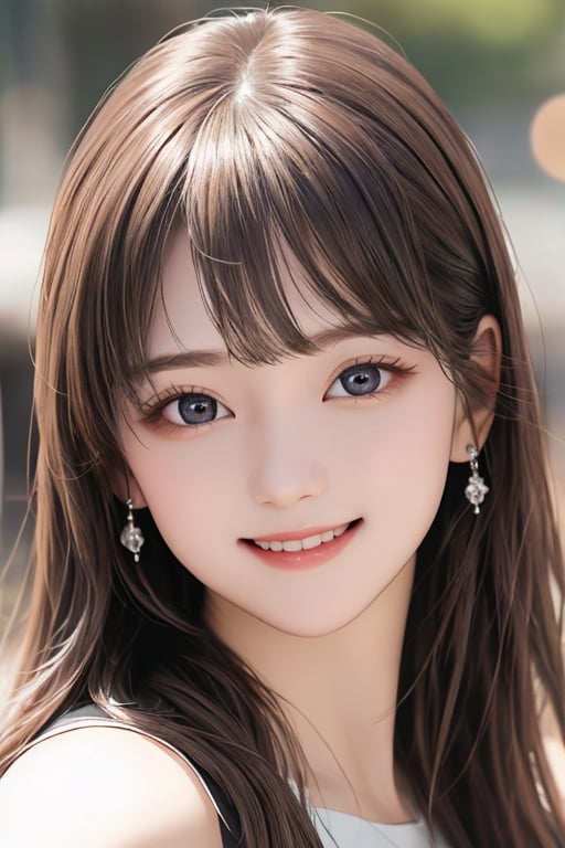 sparkling clear attractive large eyes, 
cheerful smile,
super cutie face,  
very beautifu cutie girl ,  
detailed beautiful eyes,
long  light brown hair,
super smooth  and very silky hair, 
beautiful clear double eyelids,
long see-through bangs,
(realistic photograph)