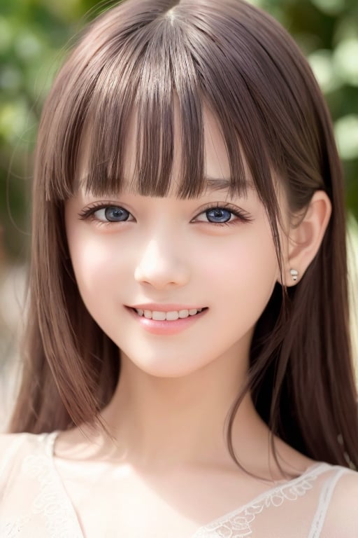 sparkling clear attractive large eyes, 
cheerful smile,
super cute loli face,  
very beautiful cute girl ,  
15 yo,
detailed beautiful eyes,
 light brown hair,
super smooth  and very silky hair, 
beautiful clear double eyelids,
long see-through bangs,
(realistic photograph)