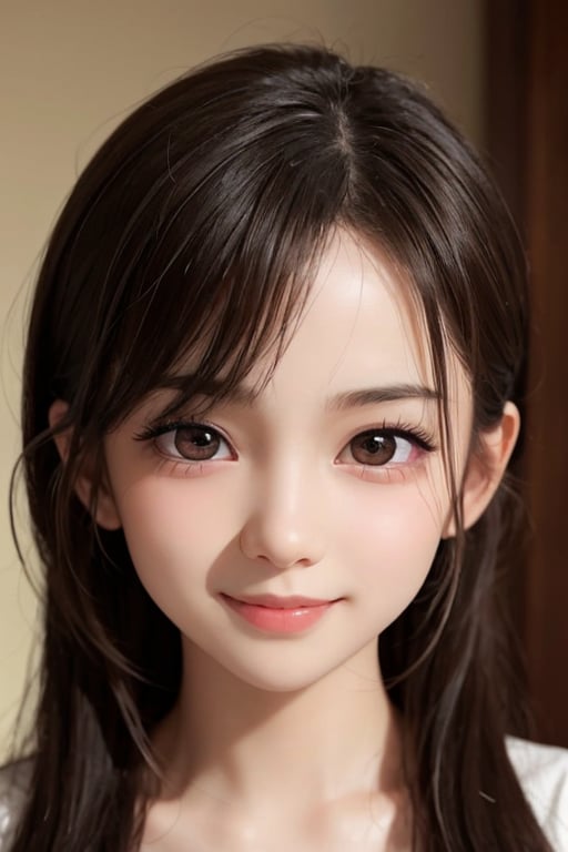 (Very beautiful loli young girl:1.2),
(loli face:1.3),
(large eyes:1.2), (clear-eyed), small straight nose, small mouth, (v-line jaw:1.1), Beautiful detailed eyes, Detailed double eyelids, Long straight brown hair, see-through bangs, beautiful detailed face, drooping eyes, (Fair skin: 1.3),(14 yo:1.2),(smiling)