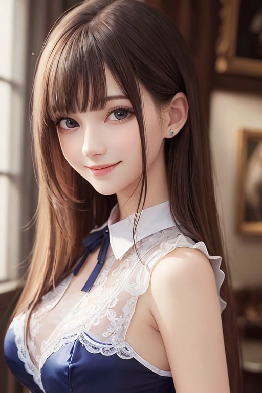 sparkling clear attractive eyes,
very cute face,  
very beautiful loli girl, 
cheerful smile, 
blue and white maid costume,
18 yo,
 long straight light brown hair,
super smooth and very silky hair, 
super white fair skin,
long see-through bangs,
professional portrait,
(realistic photograph:1.1)
