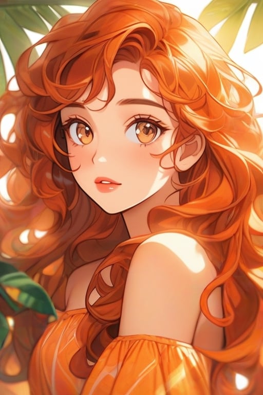 Portrait of 25  year old adult female. glowing amber eyes. long curly orange hair. milky skin. chubby   build. wearing cute summer dress. Hispanic. orange fox ears. parted lips.