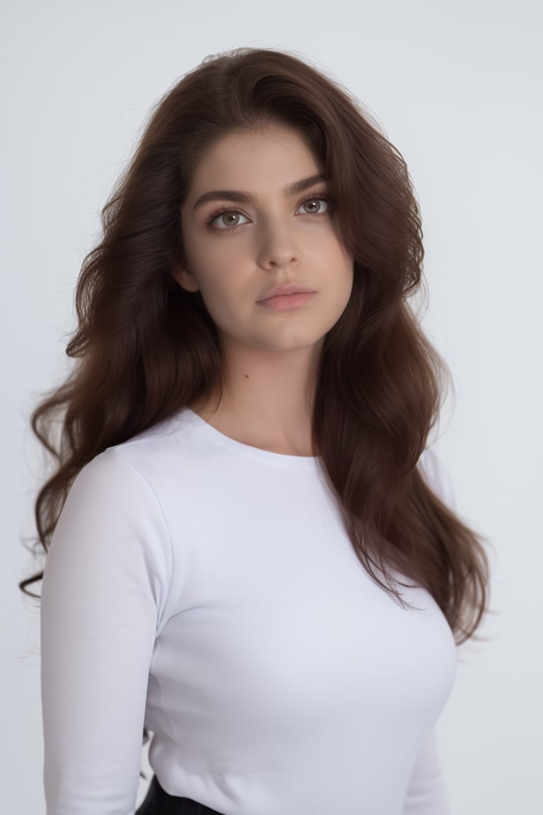 Realistic body proportions, realistic perfect face features. Perfect dark hair. Ambient soft lighting, (perfect accurate eye, looking at viewer:1.6), accurate perfect face, perfect lighting.
(((Simple White background)))

,Yay