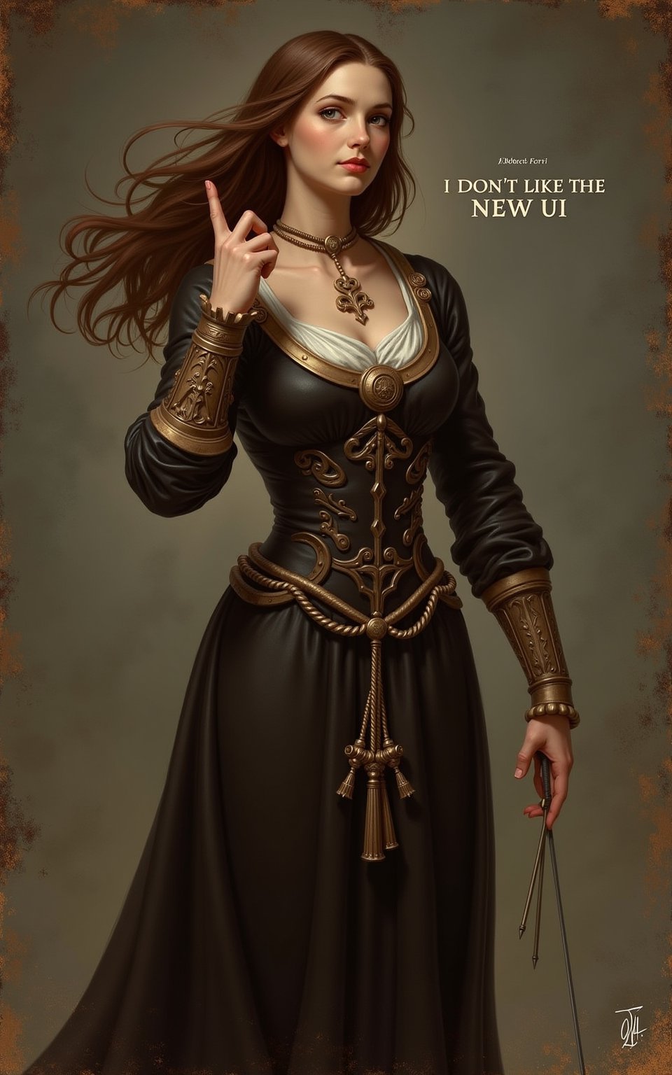 A female character with the \m/ gesture by Roberto Ferri
A character. with a text that says: "I DONT LIKE THE NEW UI"

Style:  Renaissance Style