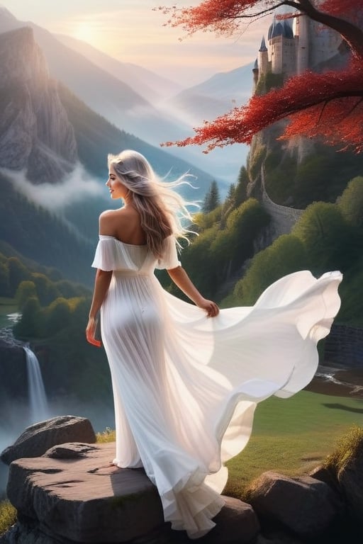 {{ 1 girl,  off shoulder,  sexy red bikini,  }}A serene, ethereal figure in a flowing white flying dress, her long, silver hair cascading down her back like a waterfall. She gazes out over a misty mountainside, her paintbrush poised in one delicate hand, capturing the delicate dance of sunlight filtering through the ancient trees. In the background, a majestic castle perched on a cliff overlooks a tranquil lake reflecting the colors of the setting sun.