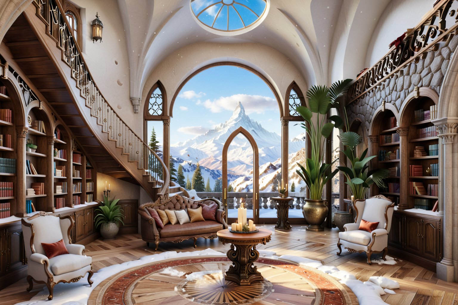 8K, (raw photos:1.4), (photorealistic:1.4), photo of wizard's library in secluded high_mountain manor, magical candelabra, expansive bookcases, comfortable luxurious classic armchairs, golden hour light, (massive window) seamlessly melds into a skylight, providing picturesque majestic view of snow-covered mountainrange, room is high-ceilinged, spanning two stories, winding ornate staircase. ((entire interior is covered beautifully by (exotic plants:2), symbiosis between natural fantastical exoticness and classically elegant wooden style, (lawn_floor:3)). important element: (human-sized portal_to_another_world on the wall showing desert on the other side), massive fireplace. photo r3al,Architectural100, fantasy atmosphere, Masterpiece, Best quality,8K, Ultra-high resolution