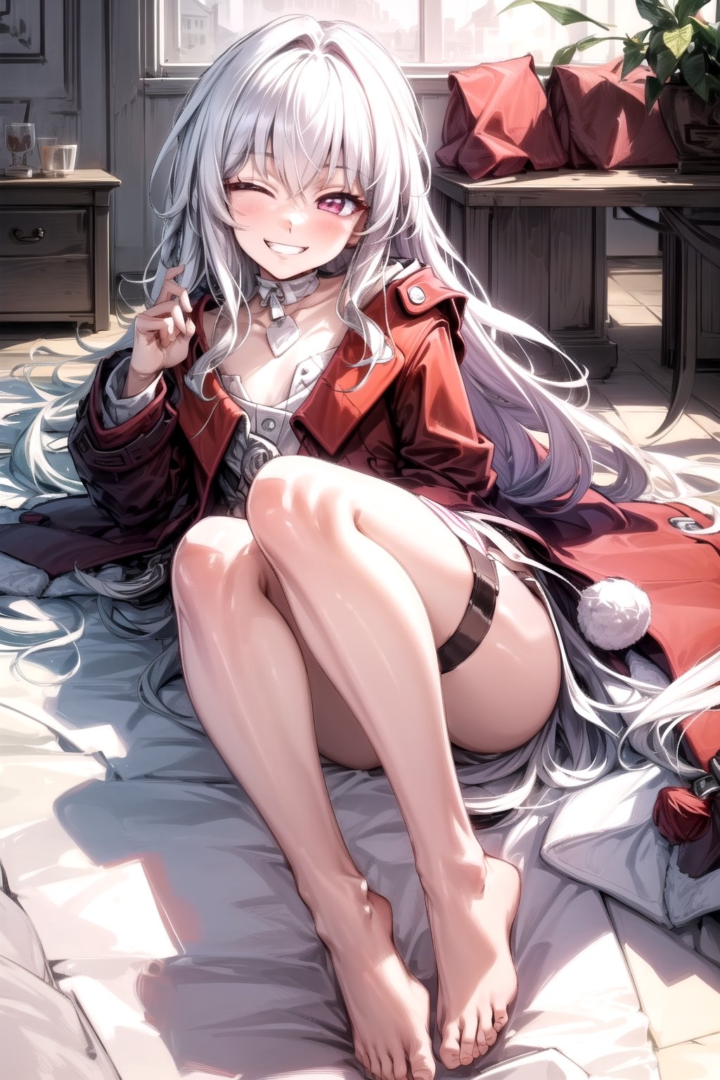 1girl, half-closed eyes, (petite), (seductive smile), smirk, smug, grin, hair intakes, clara, long hair, hair intakes, white choker, thigh strap, red jacket, red coat, barefoot, white dress