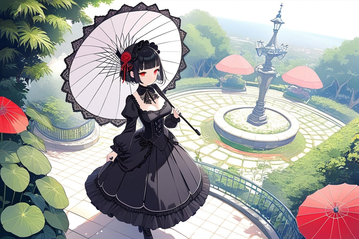 1girl,solo,blunt_bangs,short_hair,large_breasts,black_hair,red_eyes,gothic_lolita,black_lolita,having_a_parasol,black_lace_parasol,standing,botanical_garden,full_body,from_above,