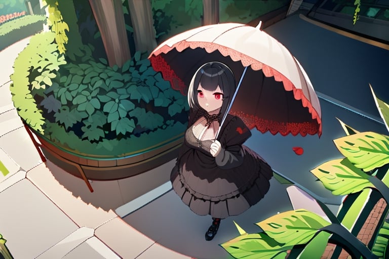 1girl,solo,blunt_bangs,short_hair,large_breasts,black_hair,red_eyes,gothic_lolita,black_lolita,having_a_parasol,black_lace_parasol,standing,botanical_garden,full_body,from_above,fantastic_background,