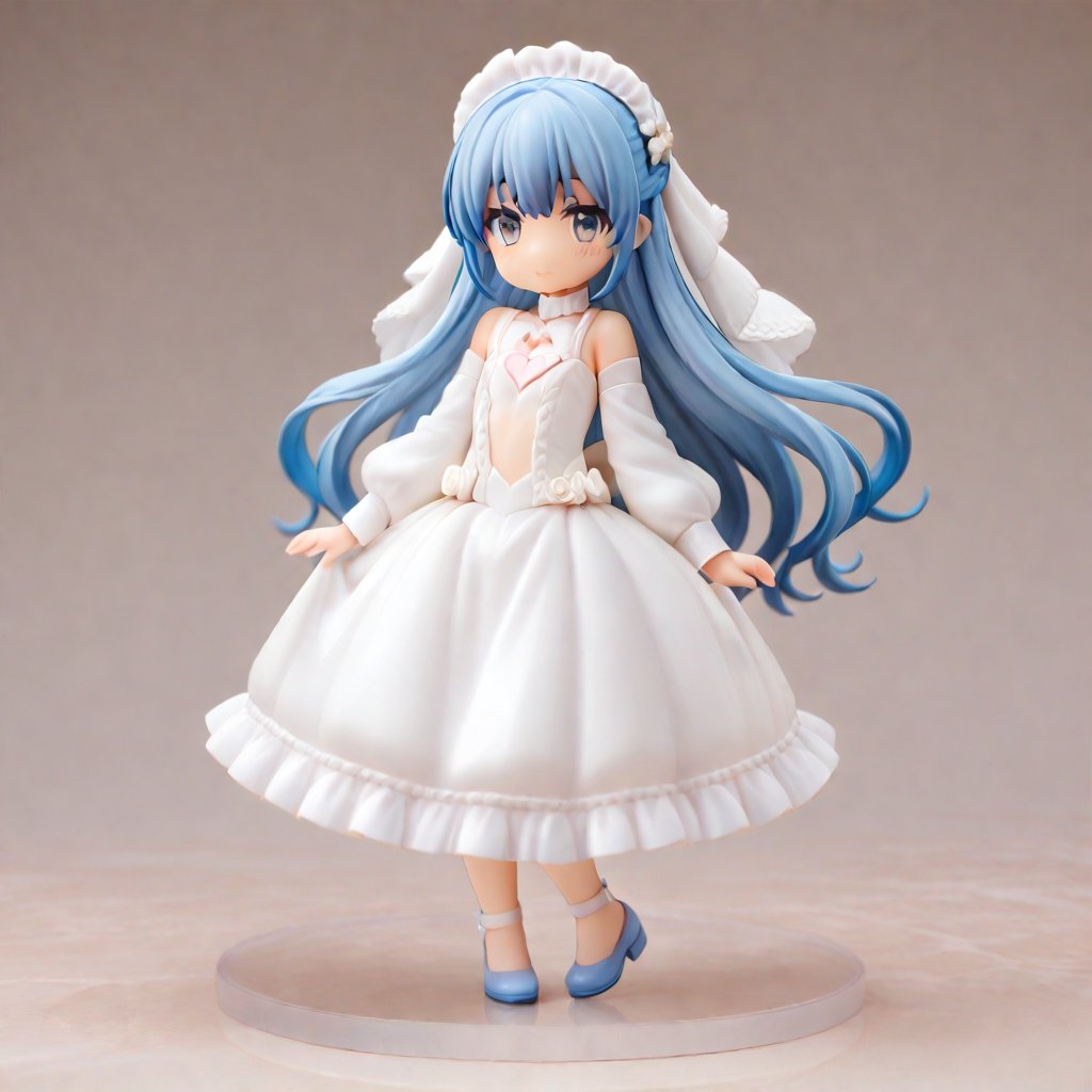 1girl,solo,19yo,blue hair,long hair,blue eyes,(tall stature:1.2),flat chest,Wedding dress. It's pure white and has a simple A-line design with a heart cut on the chest, but it doesn't show too much. The skirt part is a little floaty. long veil. best,best,best,best,Her hair is styled as a chignon, leaving her hair slightly loose and leaving a soft atmosphere.full body,pvc