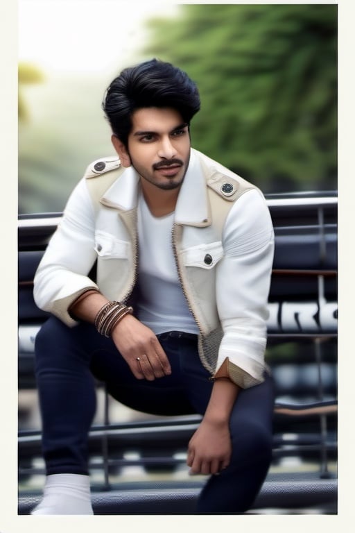solo, shirt, black hair, 1boy, jacket, male focus, outdoors, shoes, pants, white jacket, denim, jeans, photo background mahindra Thar