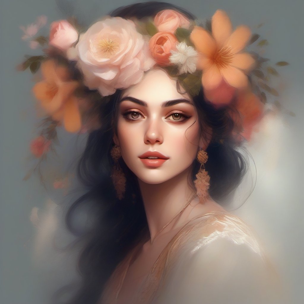 Image of a woman with flowers in her hair, elegant digital painting, beautiful gorgeous digital art, beautiful digital art, exquisite digital illustration, Beautiful digital illustration, detailed beautiful portrait, gorgeous digital art, beautiful portrait image, Beautiful illustrations, digital art portrait, lookover style, in digital illustration style, beautiful fantasy style portrait, beautiful digital artwork