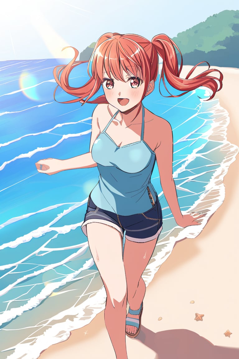 Redhead girl with pigtails walking on the beach on a sunny day having fun looking at the waves, yukina minato