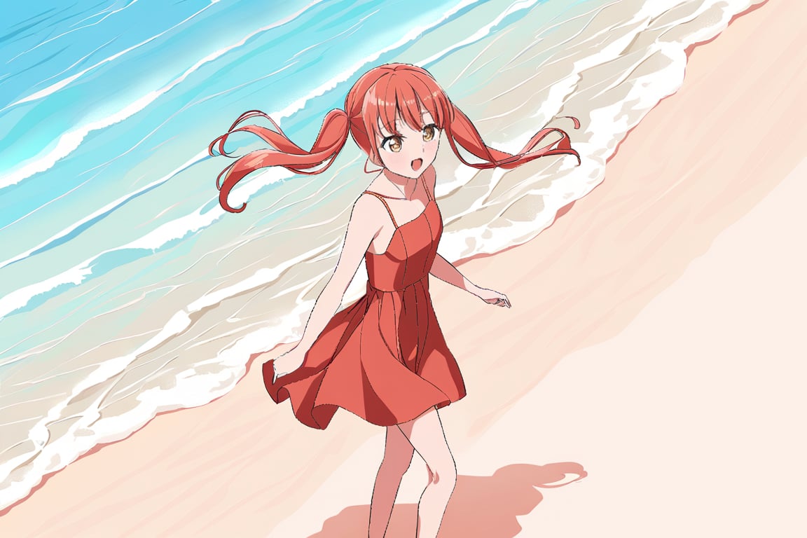 Redhead girl with pigtails walking on the beach on a sunny day having fun looking at the waves, yukina minato