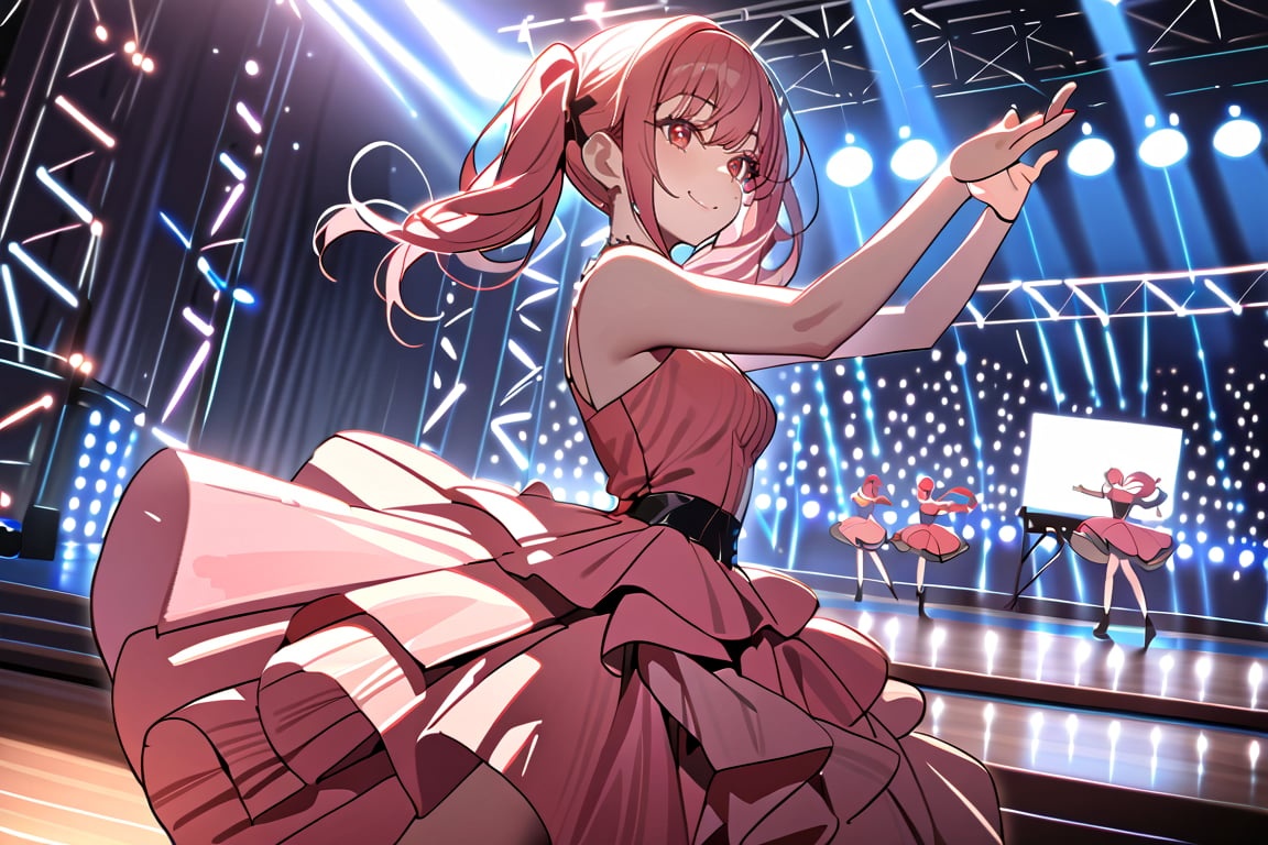 ((masterpiece,best quality)),1girl,solo, scenery, dancing, greet, red eyes, smile, stage,stage lights, redhead, pigtails, full pink dress