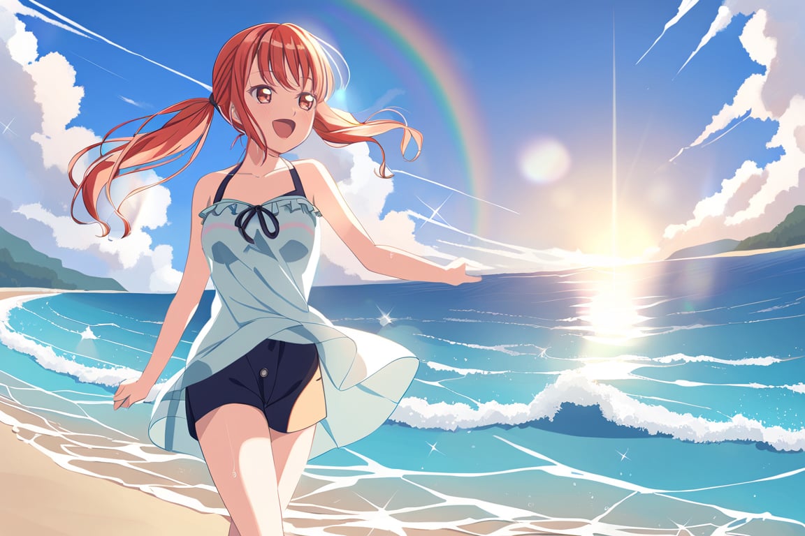 Redhead girl with pigtails walking on the beach on a sunny day having fun looking at the waves, yukina minato