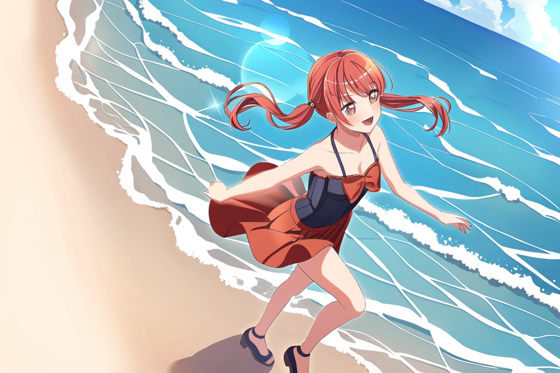 Redhead girl with pigtails walking on the beach on a sunny day having fun looking at the waves, yukina minato