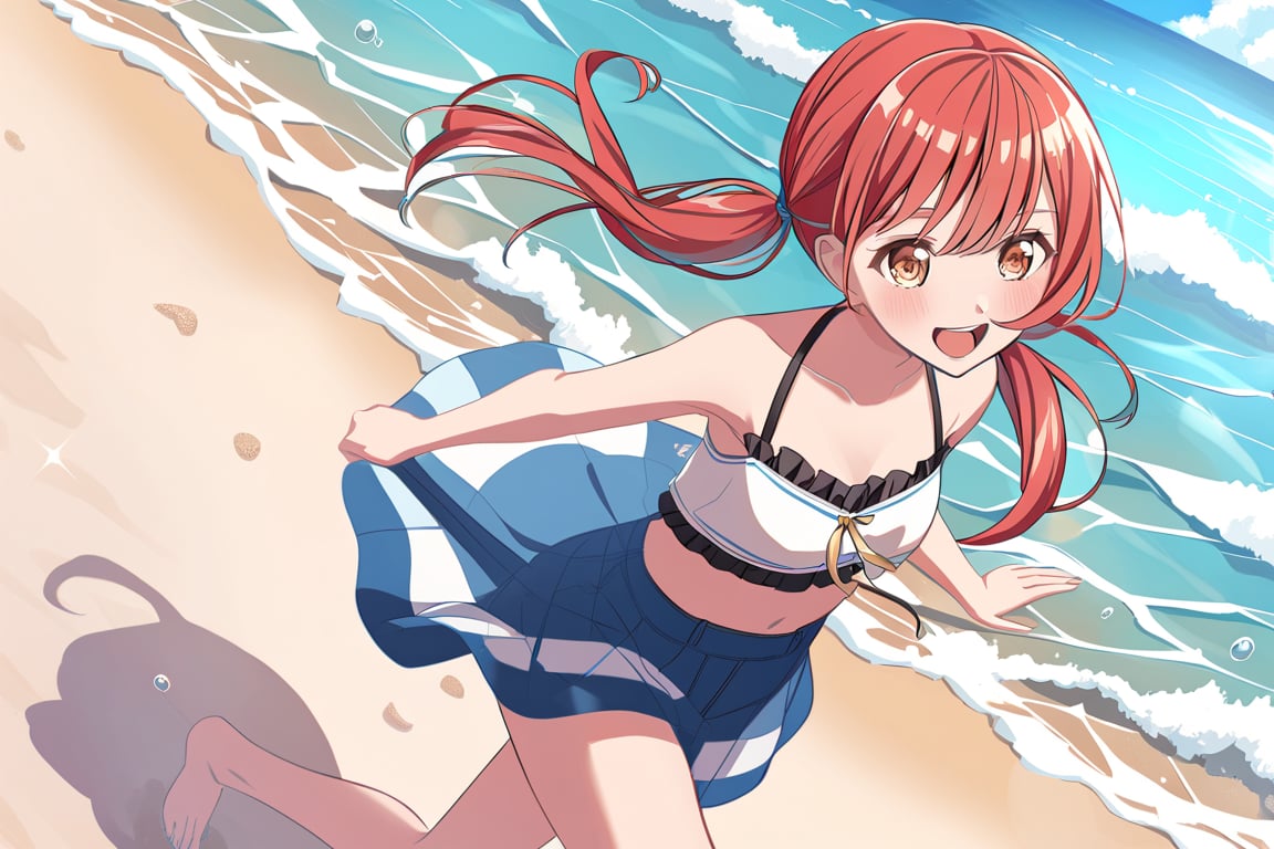 Redhead girl with pigtails walking on the beach on a sunny day having fun looking at the waves, yukina minato