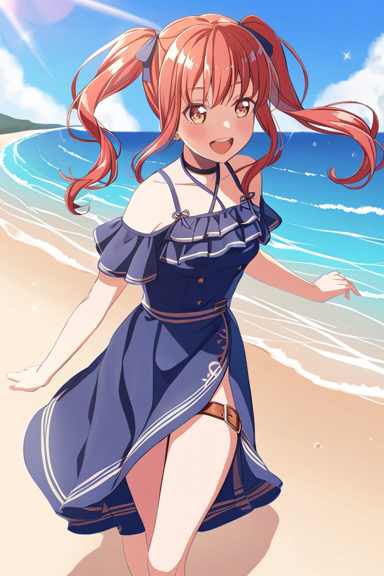 Redhead girl with pigtails walking on the beach on a sunny day having fun looking at the waves, yukina minato