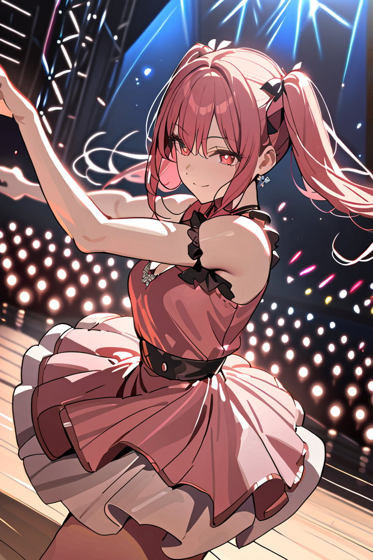 ((masterpiece,best quality)),1girl,solo, dancing, red eyes, smile, stage,stage lights, redhead, pigtails, full pink dress, redhead