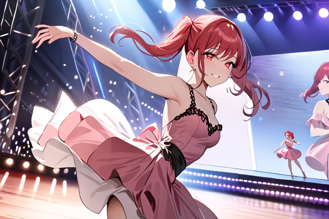 ((masterpiece,best quality)),1girl,solo, scenery, dancing, red eyes, smile, stage,stage lights, redhead, pigtails, full pink dress, redhead