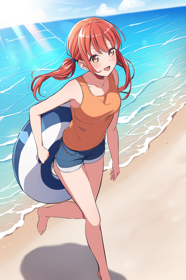 Redhead girl with pigtails walking on the beach on a sunny day having fun looking at the waves, yukina minato