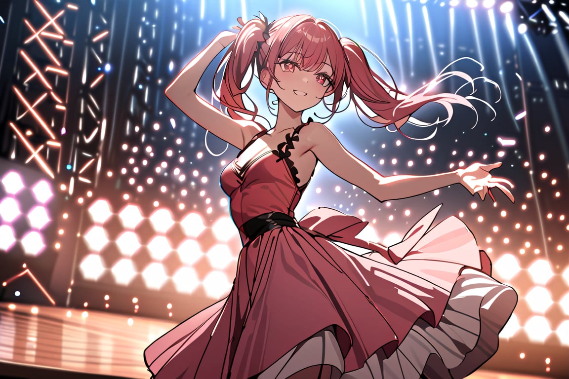 ((masterpiece,best quality)),1girl,solo, scenery, dancing, greet, red eyes, smile, stage,stage lights, redhead, pigtails, full pink dress