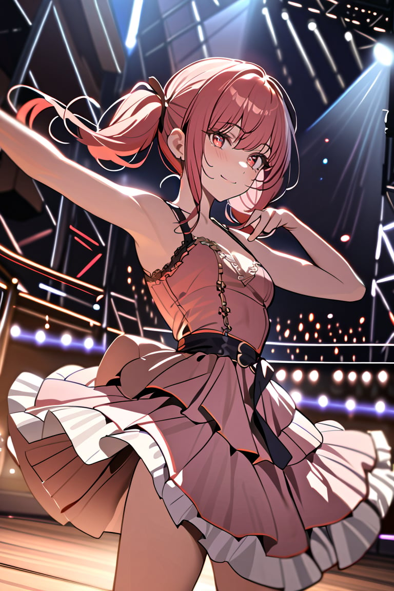 ((masterpiece,best quality)),1girl,solo, dancing, red eyes, smile, stage,stage lights, redhead, pigtails, full pink dress, redhead