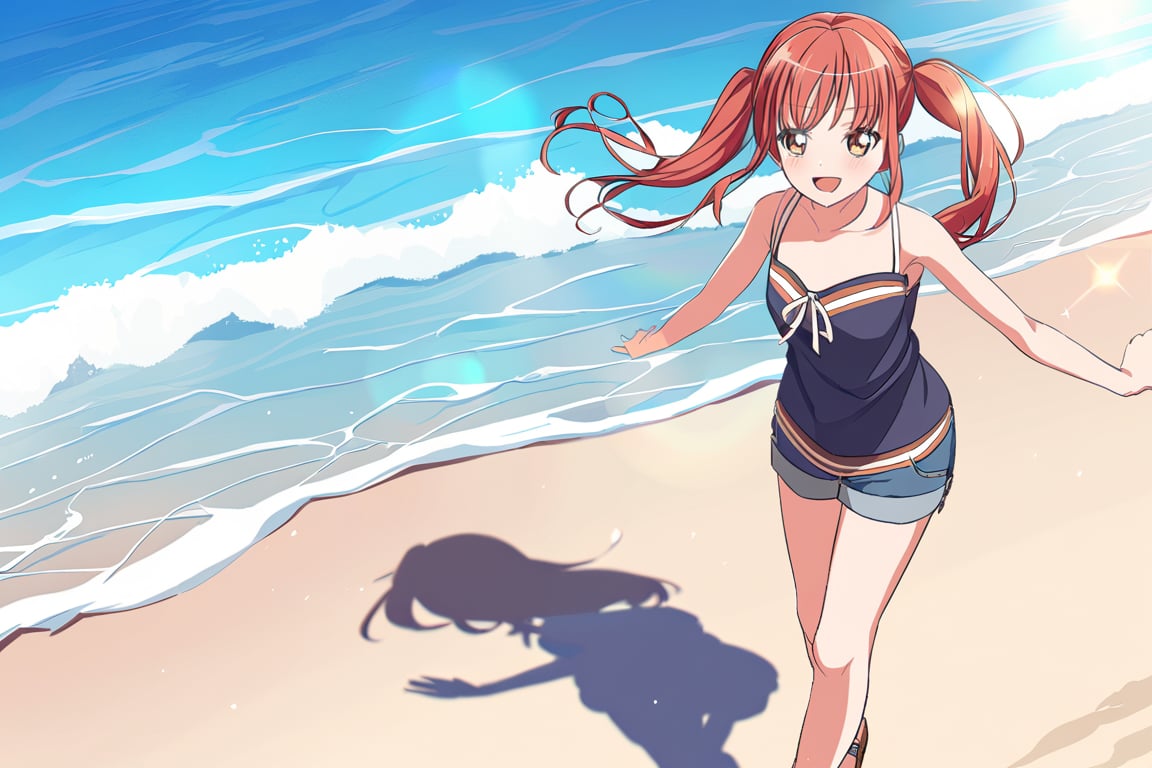 Redhead girl with pigtails walking on the beach on a sunny day having fun looking at the waves, yukina minato