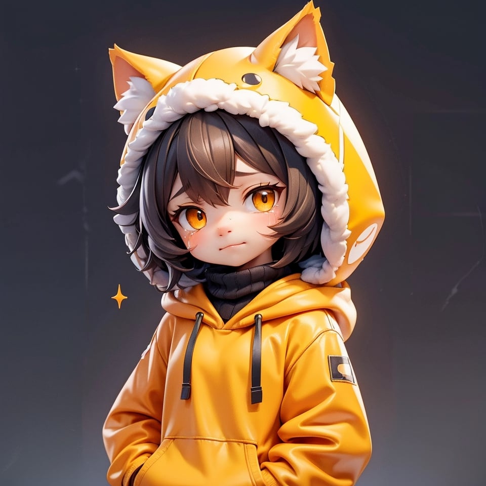 I need a photo of an orange cat, super real, cartoon, Kazilan has big eyes, cute, furry, anthropomorphic, wearing a casual sweater with a hood, the orange cat looks ahead with tears in its eyes like a human.