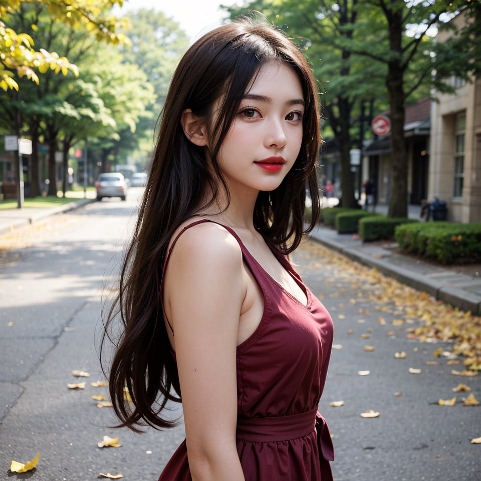 1girl, solo, long hair, looking at viewer, smile, black hair, brown eyes, upper body, black eyes, lips,  v, realistic, red lips, Standing, Wearing an autumn cotton dress, standing on a street with yellow fallen leaves, with passers-by in the distance