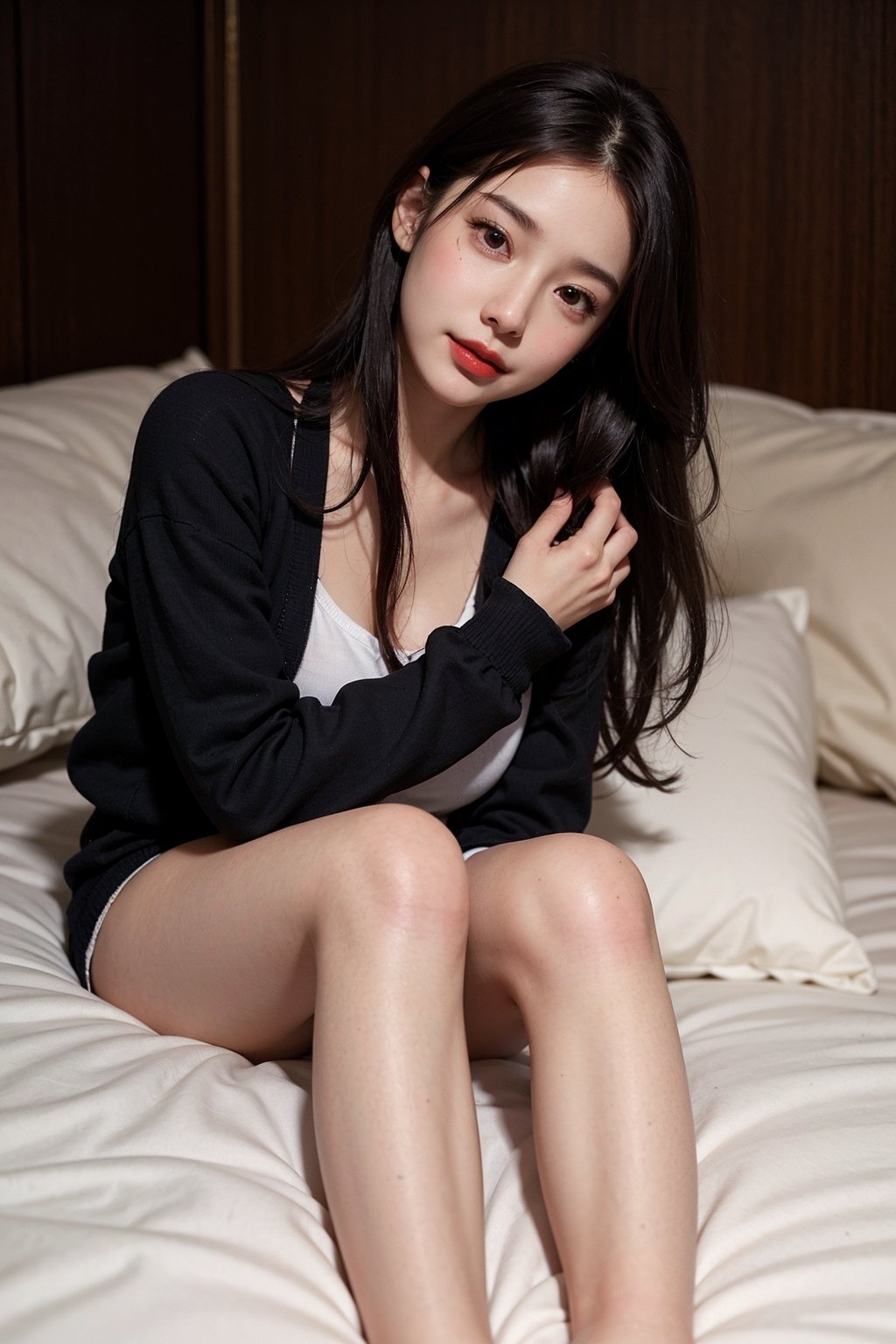 1girl, solo, long hair, looking at viewer, smile, white shirt, black hair, brown eyes, upper body, black eyes, lips, sleeves past wrists, v, realistic, red lips, skin-colored stockings, barefoot, not wearing shoes,bed,black pantyhose