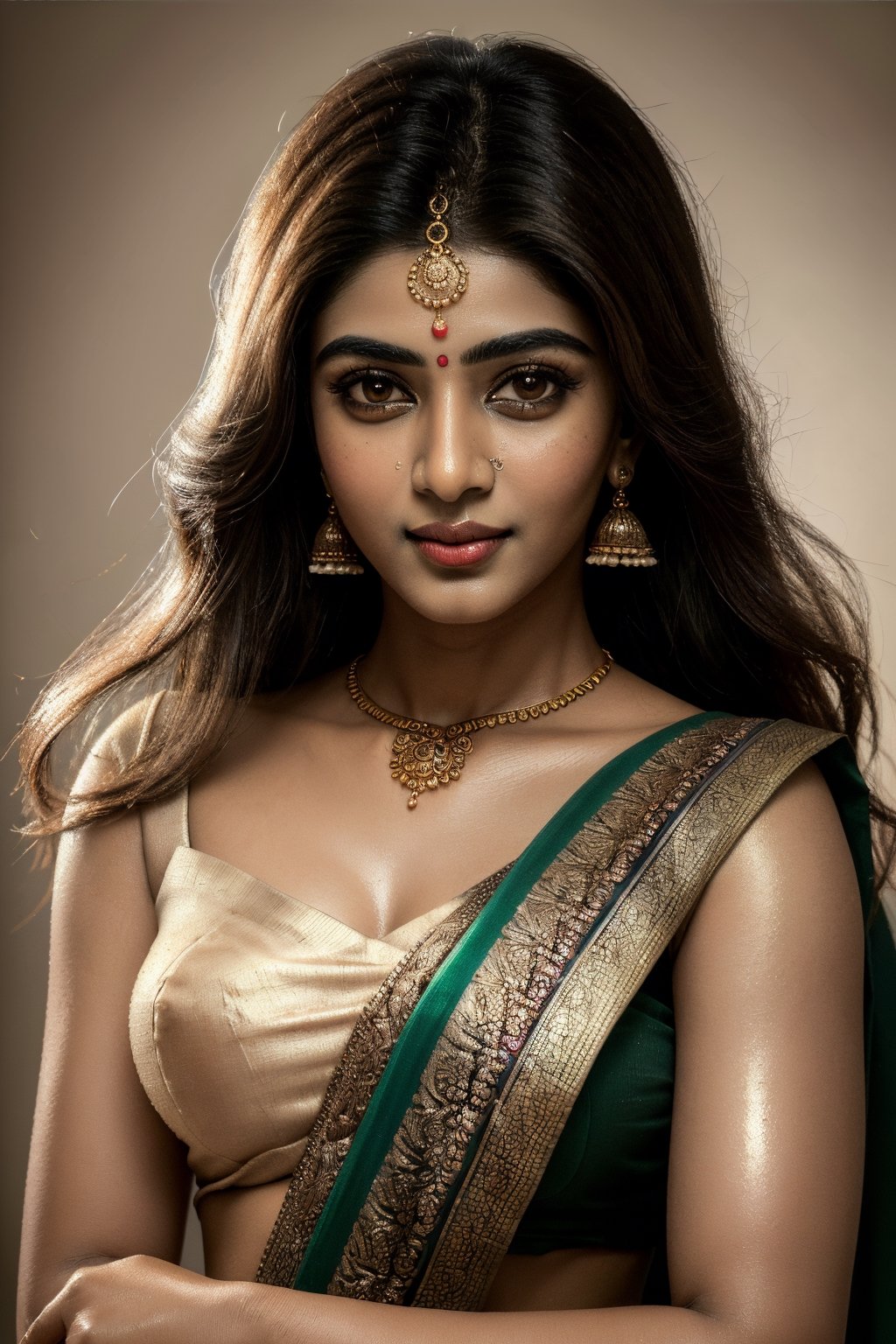 (best quality,4k,8k,highres,masterpiece:1.2),ultra-detailed,close-up,portrait,(smooth skin:1.1),(long,shiny hair:1.1),vibrant colors,studio lighting,ethnic jewelry,traditional attire (sari),ornate henna design,delicate facial features,graceful pose,serene expression,subtle makeup,rich textures,deep gaze,gorgeous accessories,exquisite craftsmanship,soft shadows,subtle highlights,warm color palette,aesthetic composition,striking contrast,detailed patterns,impeccable clarity,natural beauty,luminous complexion,unforgettable charm,intense gaze,dreamy ambiance,radiant personality,colorful backdrop,
full body, indian_style, colourful sari, jewellery, sari