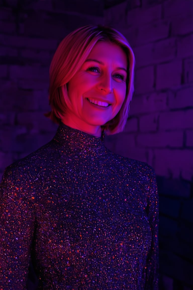 2_wome , blonde women,smiling,  50yo fiona bruce and 30yo mia malkova, french kiss in mouth,skin imperfections,navy and gold versace dress, grey eyes., dungeon, neon lighting, 90s vibe,  brick walls,  bokeh, (in the style of richard avedon), (kodakchrome, analogue, film grain:1.2), light leak, shallow depth of field, RAW