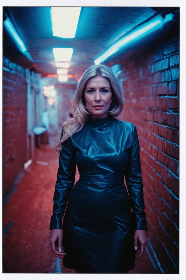 2_wome , blonde women, fiona bruce, and mia malkova,50 years old, french kiss in mouth,skin imperfections,vintage  latex dress, grey eyes., dungeon, neon lighting, 90s vibe,  brick walls,  bokeh, (in the style of moebius), (Polaroid, analogue, film grain:1.2), light leak, shallow depth of field, RAW