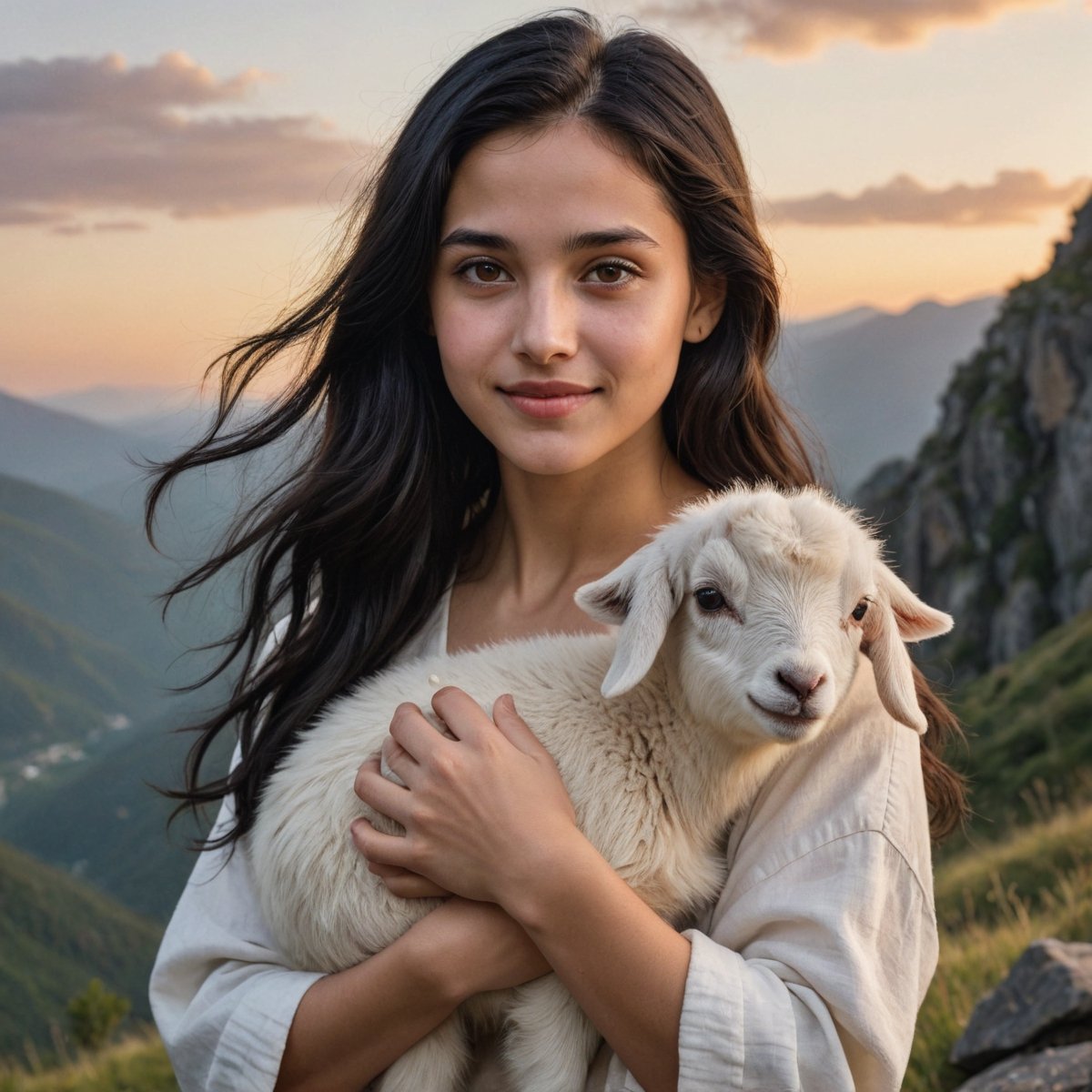 (masterpiece, best quality, ultra-detailed, 8K),high detail, realisitc detailed,
a beautiful young girl with long flowy black hair over shoulders in the dark,  brown eyes, pale soft skin, kind smile, glossy lips, a serene and contemplative mood, setting on the top of the mountain, many goat aand baby goat, Victory Hand Gesture,