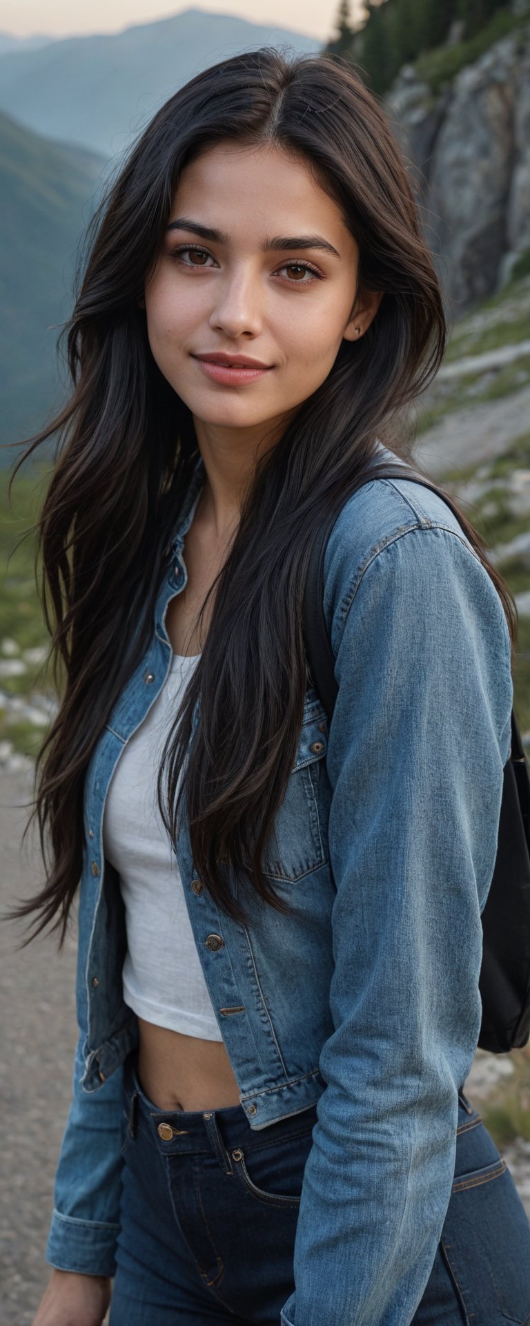 (masterpiece, best quality, ultra-detailed, 8K),high detail, realisitc detailed,
a beautiful young girl with long flowy black hair over shoulders in the dark, jeans outfits,   brown eyes, pale soft skin, kind smile, glossy lips, a serene and contemplative mood, setting on the top of the mountain, some people walking in the street. making Victory Hand Gesture,