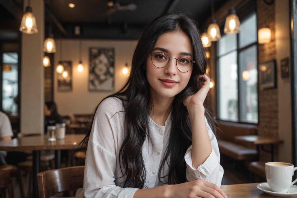 (masterpiece, best quality, ultra-detailed, 8K),high detail, realisitc detailed,
a beautiful young girl with long flowy black hair over shoulders in the dark, white shirts outfits, brown eyes, pale soft skin, kind smile, glossy lips, a serene and naughty mood, wearing glasses, setting in coffee shop,